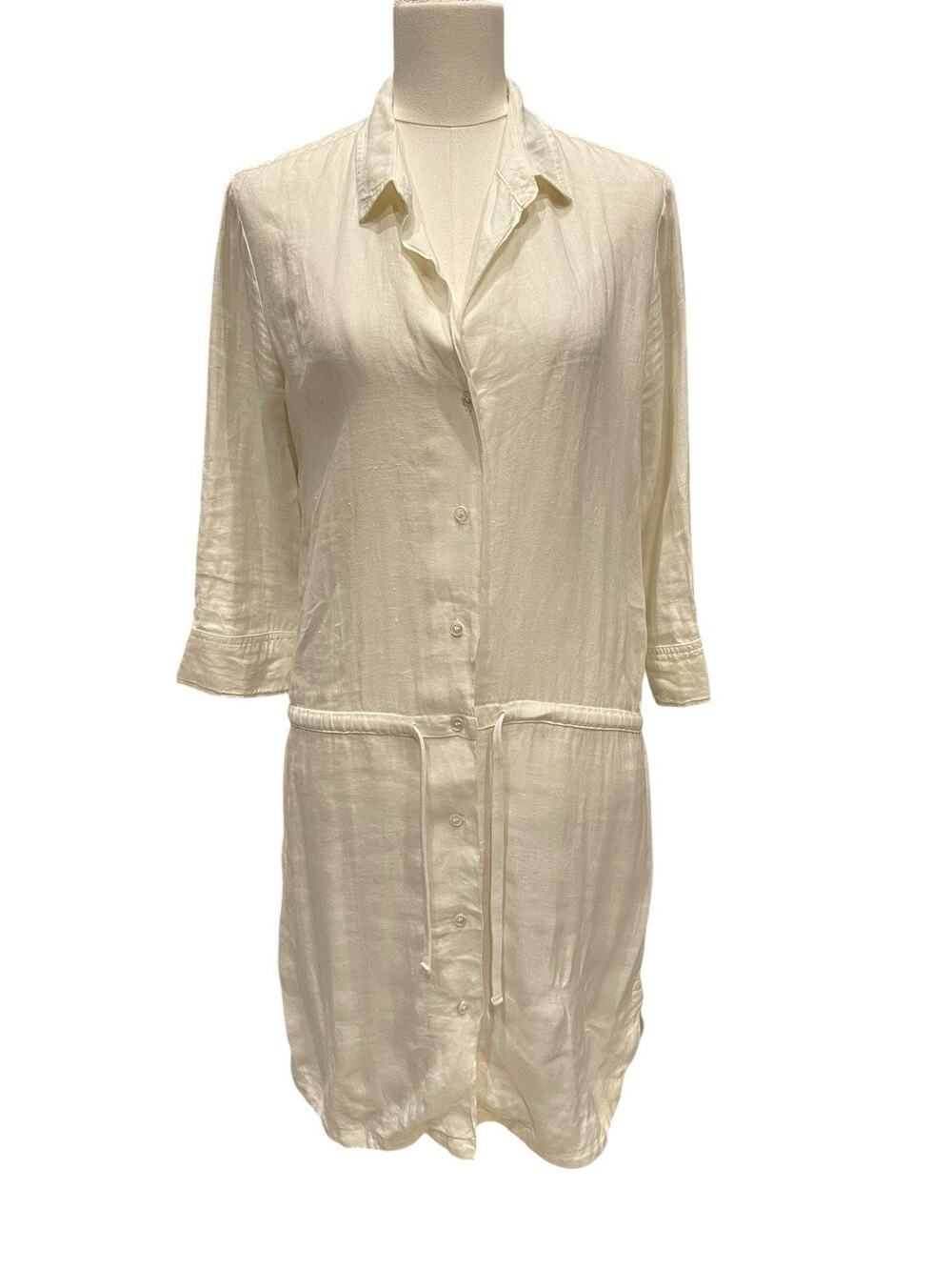 James Perse Womens Sz 1 White 100% Linen Drawstring 3/4 Sleeve Mini Shirtdress